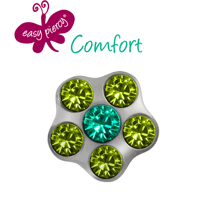 1 Pair Easy Piercy Comfort ear studs Flower Ø 5,0 mm, white, Turquoise/Peridot imitation