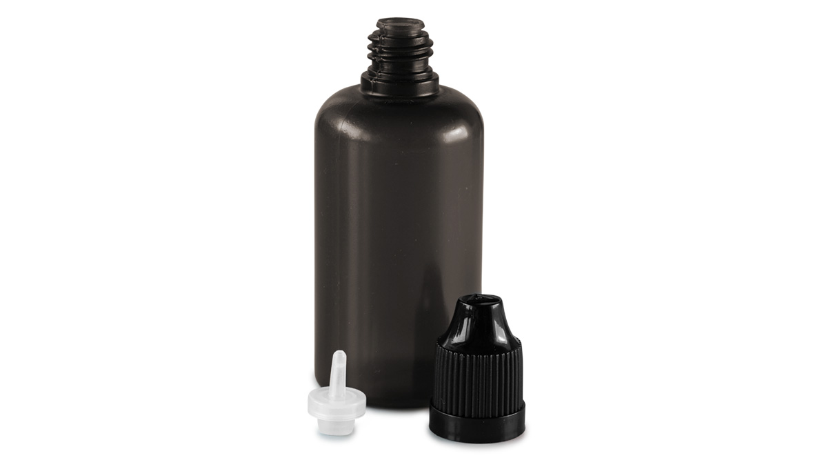 Set of 9 bottles, 5 - 50 ml, black, with caps, dosing aids and funnel