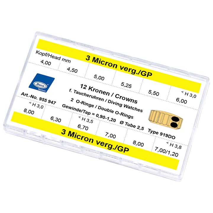 Assortment Crowns for Diving Watches 919DO, 12 pieces, 3 microns yellow, height 3,0, Ø 4,0-8,0, height 3,8, Ø 7,0-8,0, Tube 2,0, thread 0,90, height 3,0, Ø 5,5-6,0, thread 1,2, waterproof, Double 0-Ri