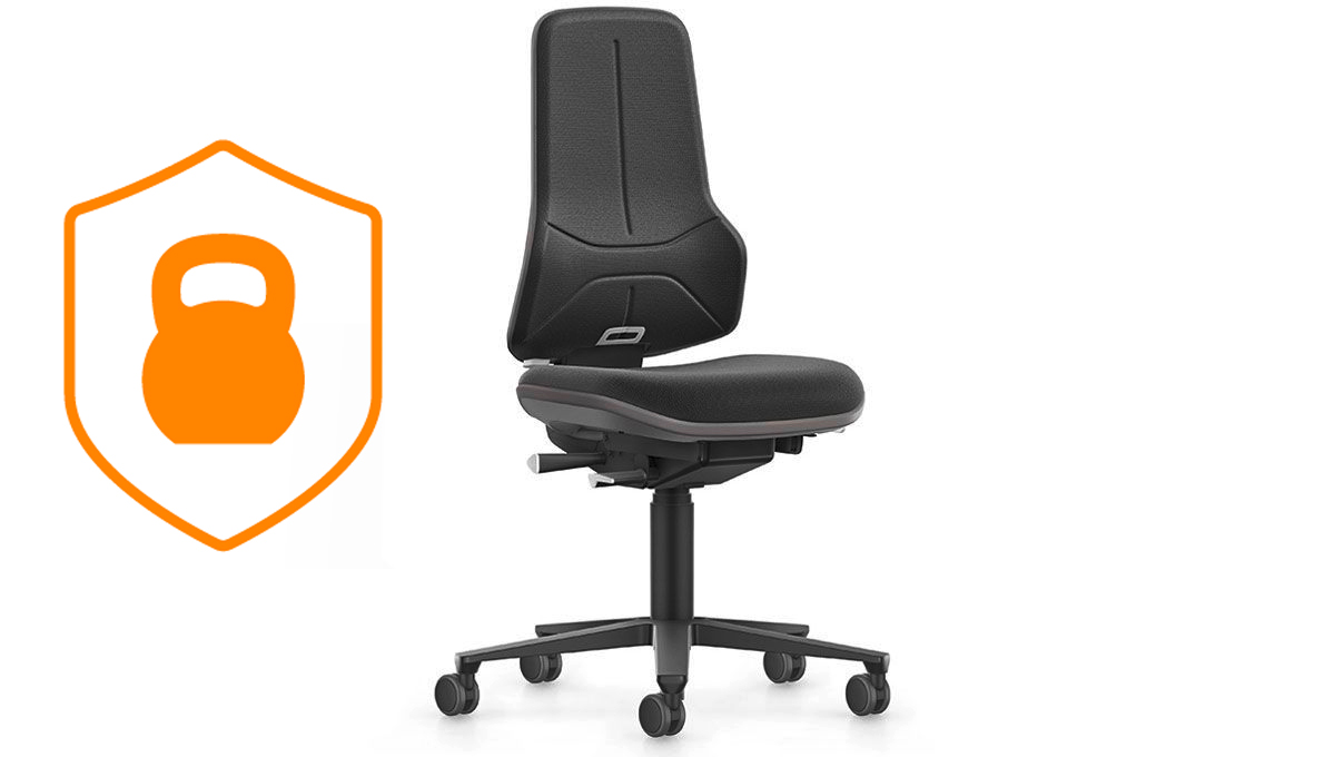 Bimos Neon XXL heavy-duty working chair 9565, seat height 47 - 64  cm, synchronous technology, black
frame, flexband grey, soft castors for hard floors, including XXL upholstery element Supertec