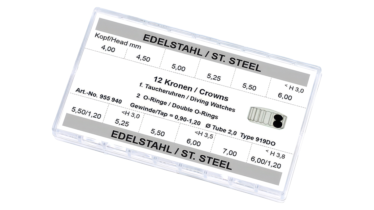 Assortiment kronen voor duikhorloges 919DO, 12 stuks, roestvrij staal, hoogte 3,0, Ø 4,0-6,0, hoogte 3,