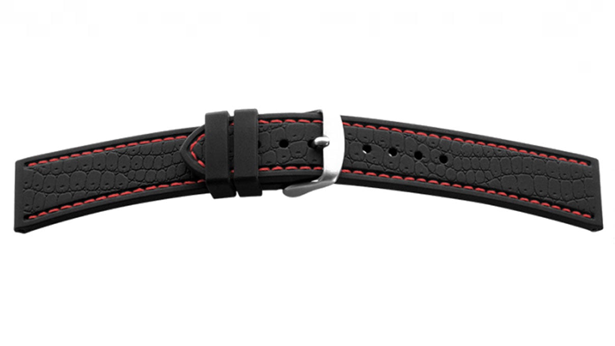 Uhrband Silikon, Croco-Optik, Schwarz/Rot, Breite 22 mm, Anstoß 20 mm, Länge 120 + 80 mm