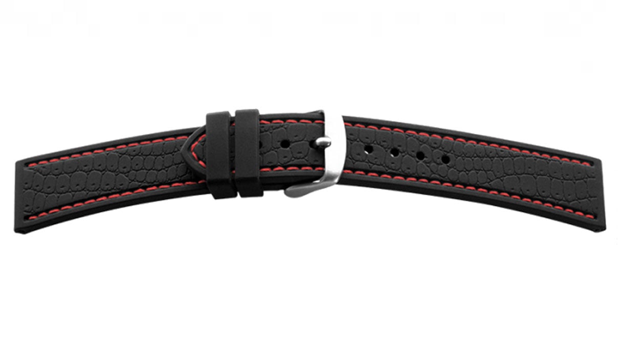 Silicone bracelet, croc-look, black/red, width 22 mm, lug width 20 mm, length 120 + 80 mm