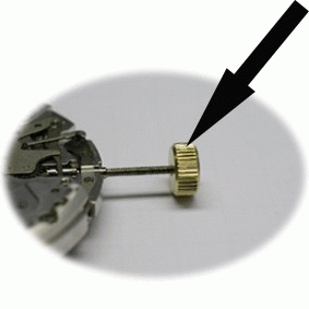 Werkaufzugskrone aus Messing, metrisches ISO-Gewinde M 1,10 mm, Ø 5,05 mm, 30 Zähne von 100°, Gesamthöhe
2,55 mm