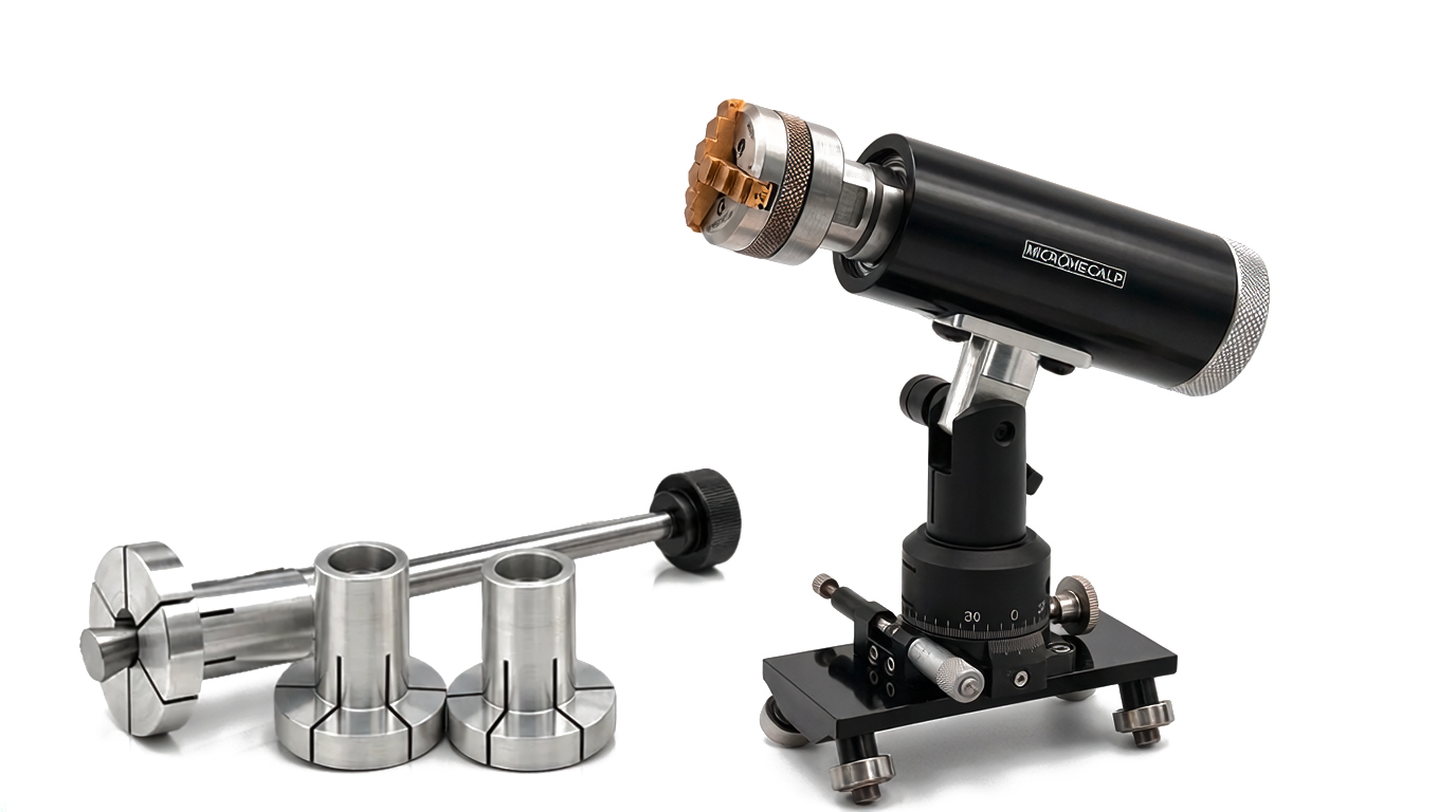 Micromecalp Lapino with Nano X36, lapping carriage with micrometric adjustment, M14, incl. three standard collet chucks (Ø 40 mm
diameter, individually adjustable), Nano X36 with variable brass jaws