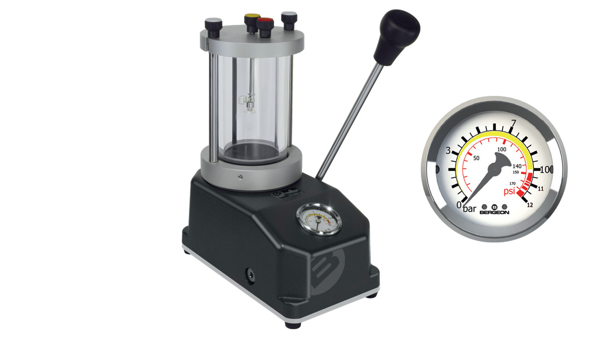 Bergeon 5555/10 Apparat zur Kontolle der Wasserdichtigkeit von Uhrgehäuse bis 11 Atü, mit Luftdruck