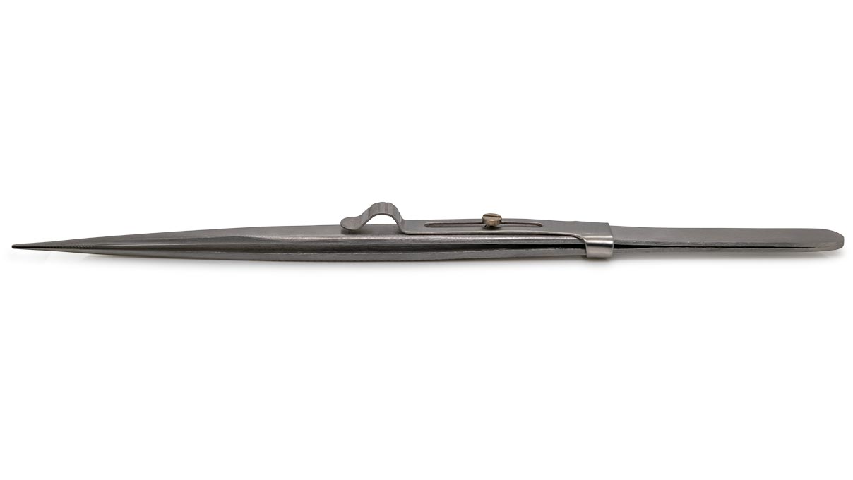 Pinzette mit Verschluss, geriffelte Spitzen und Hieb, Länge 165 mm
