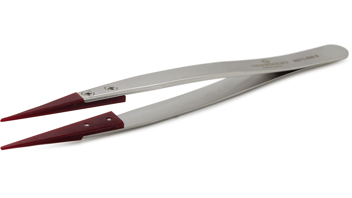 Bergeon 6571-RN-3 tweezers, type 3, tips made of  red natural resin