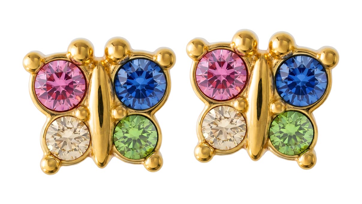 QPP puces d'oreilles K10, papillon, cristal multicolore, inox plaqué or jaune, 1 paire