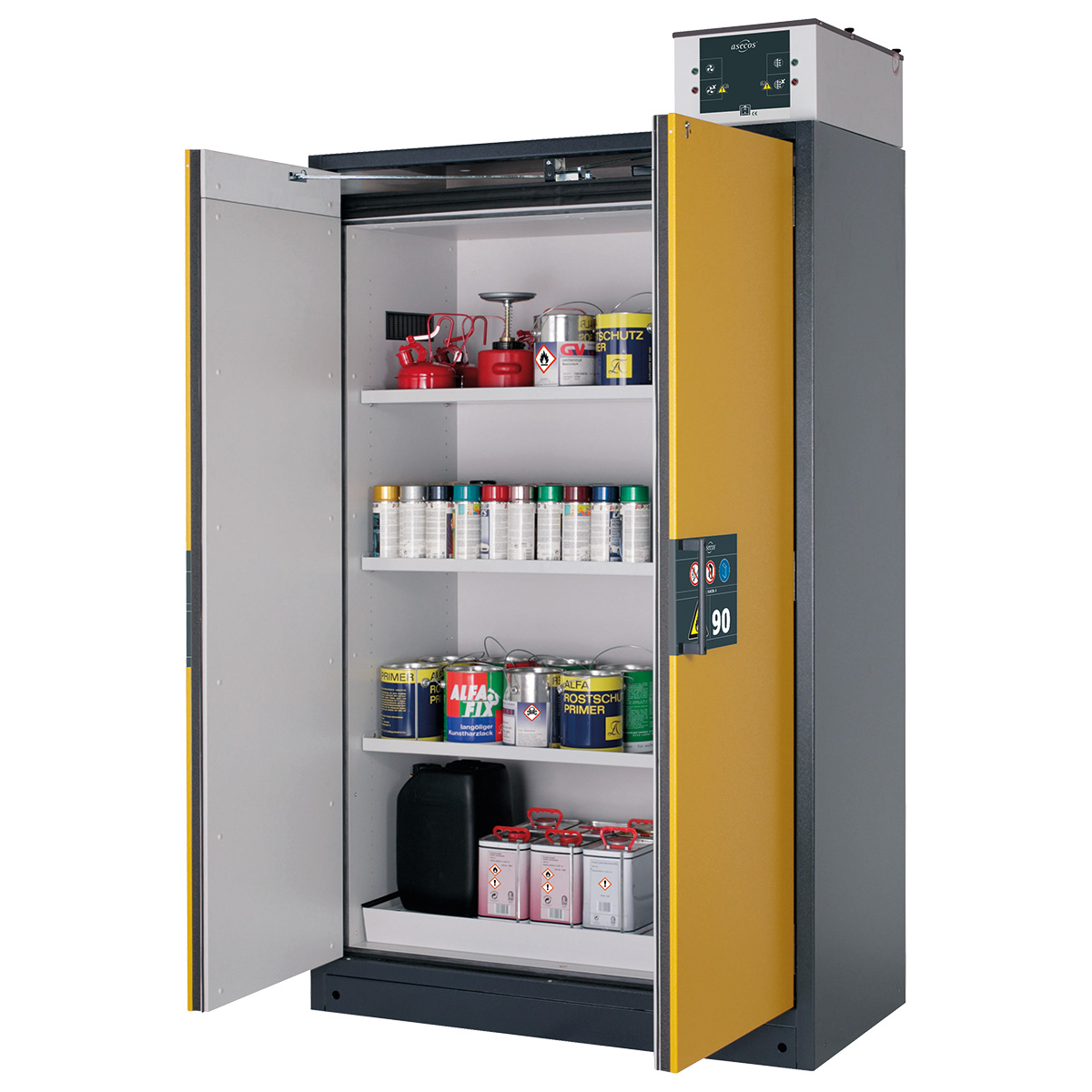 Safety storage cabinet with automatic closing, width 119,30 cm, 3 shelfs, perforated insert and bottom sump