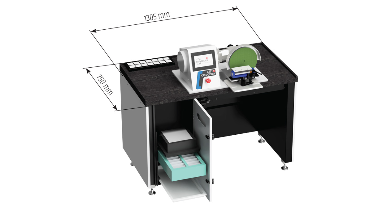 Crevoisier C551 (M12) with S-Line Short worktable , without a bezel, incl. suction unit, table top with
slate-colored, power supply below (400 V)