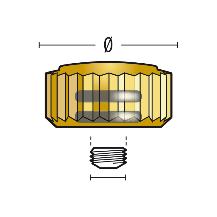 Krone für Taucheruhren 919 DO, 3 Micron gelb, Höhe 3,0, Ø 4,0, Tubus 2,0, Gewinde 0,9, wasserdicht, 2 O-Ringe