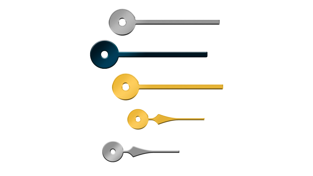 Assortiment 45 kleine secondewijzer (SS) / Chrono tellerwijzer Ø gaten
0,18/0,20/0,22/0,24/0,26/0,28+0,18/0,20/0,28 mm geel verguld, nikkelkleurig, blauwzwart lengte 3 - 5 mm
