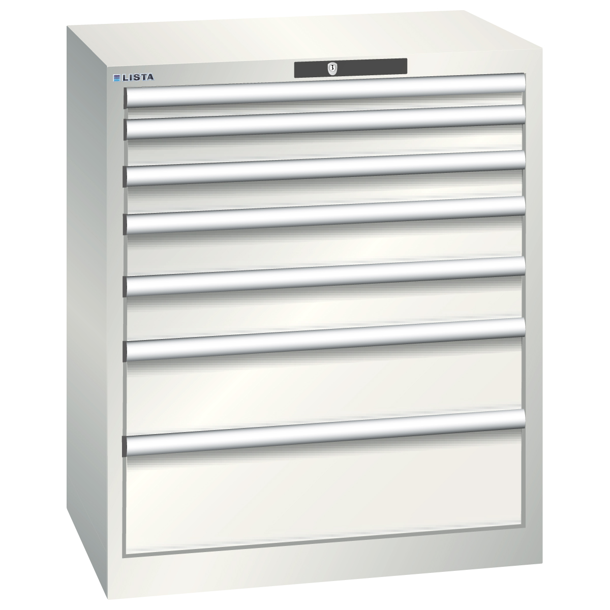 Lista drawer cabinet 36 x 27 E, 7 drawers, gray white, Key Lock, height 850 mm