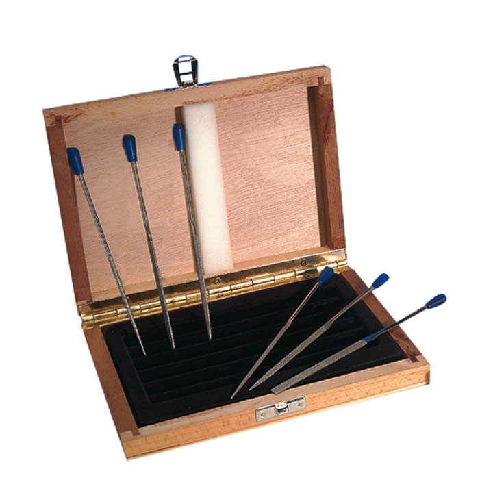 Assortment of 6 diamond escapement files with round handle in wooden case length 140 mm grain D 91