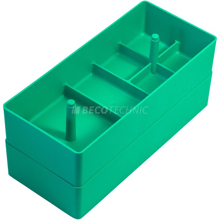 Plastic container, stackable, 6 compartments, green, 236 x 105 x 51 mm