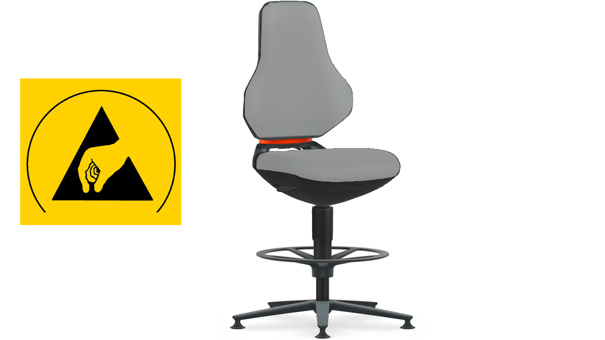 Bimos Texon Hightech-Arbeitsstuhl für Reinräume, ESD-geschützt, mit Gleitern, und Fußkreuz, Sitzhöhe 57
- 81 cm, ohne Sitzpolster, Auto-Motion Technik, Gestell schwarz, Flex-Back orange