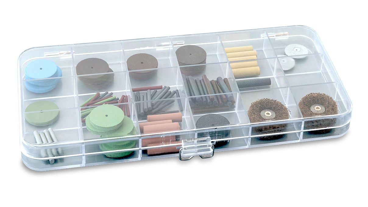 Assortment with 125 polishers without shaft and pin polishers, various designs, incl. 6 wheel holders