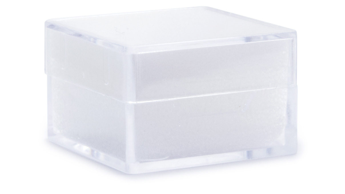 Transparent box with white foam, 25 x 25 x 16 mm