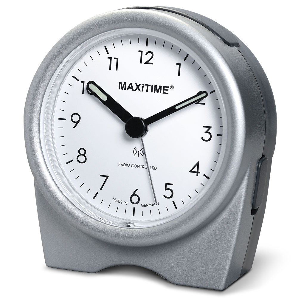 Maxitime radio controlled alarm clock with snooze, crescendo alarm, light, 2 hands, silver colored housing with stand