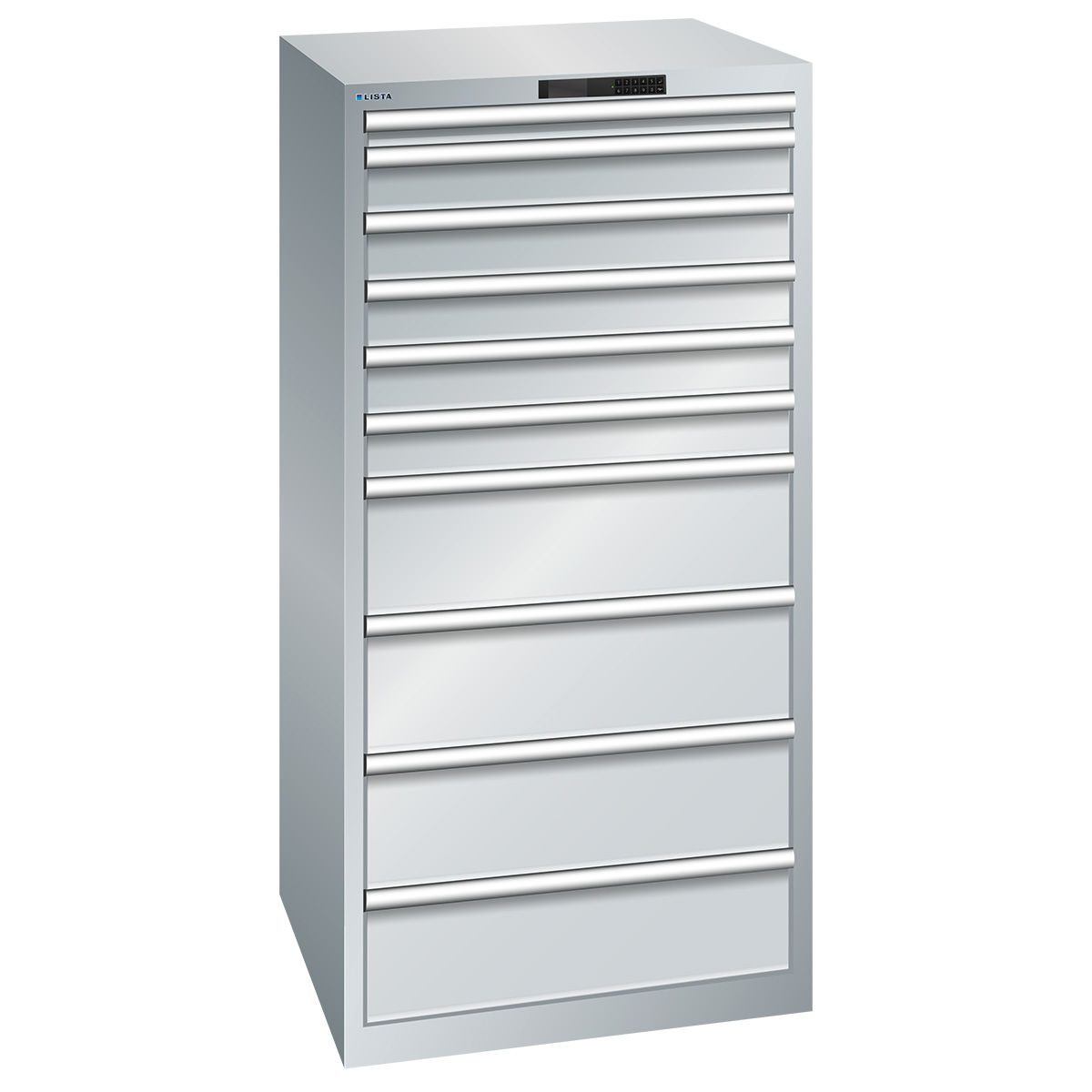 Lista ladekast 36 x 36 E, 10 lades, lichtgrijs, Code Lock, hoogte 1450 mm