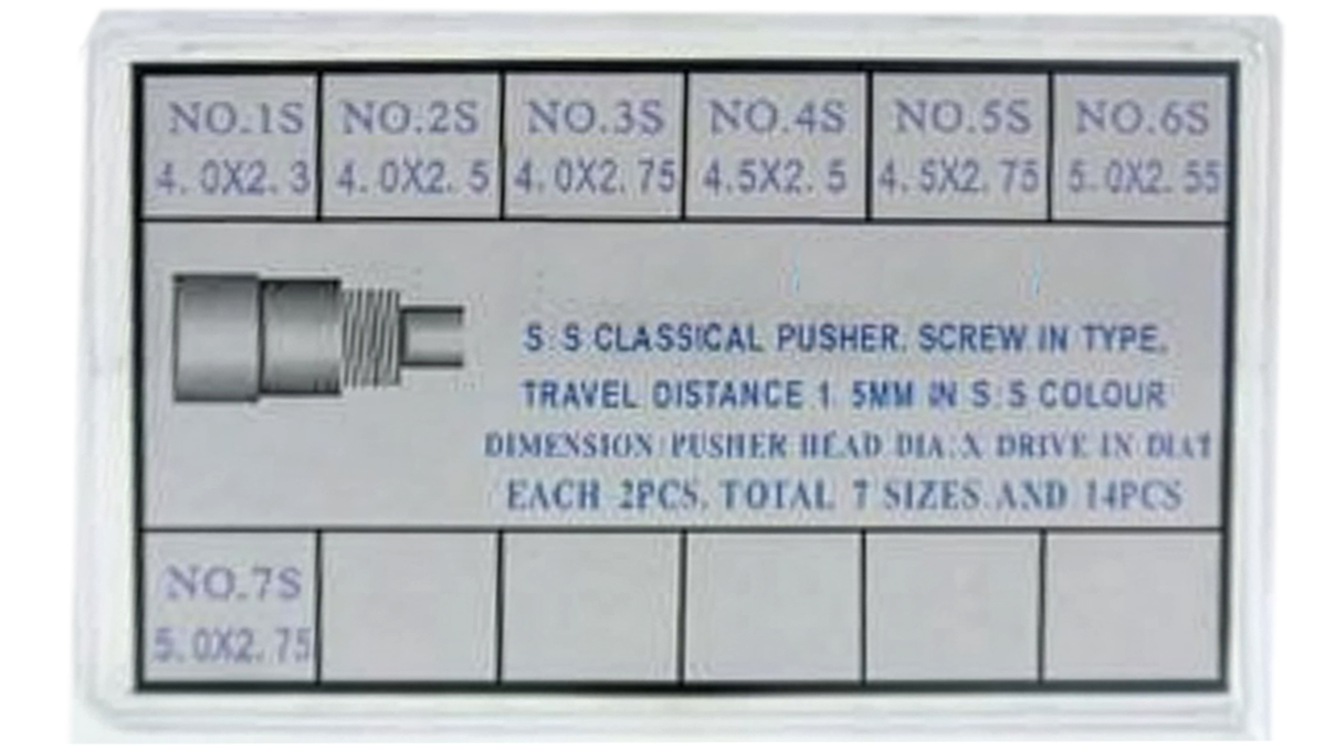 Assortment of 14 chronograph pushers, screw-in type, stainless steel, 7 sizes, 2 of each (head
Ø 4 / 4,5 / 5 mm, tube Ø 2,3 - 2,75 mm)