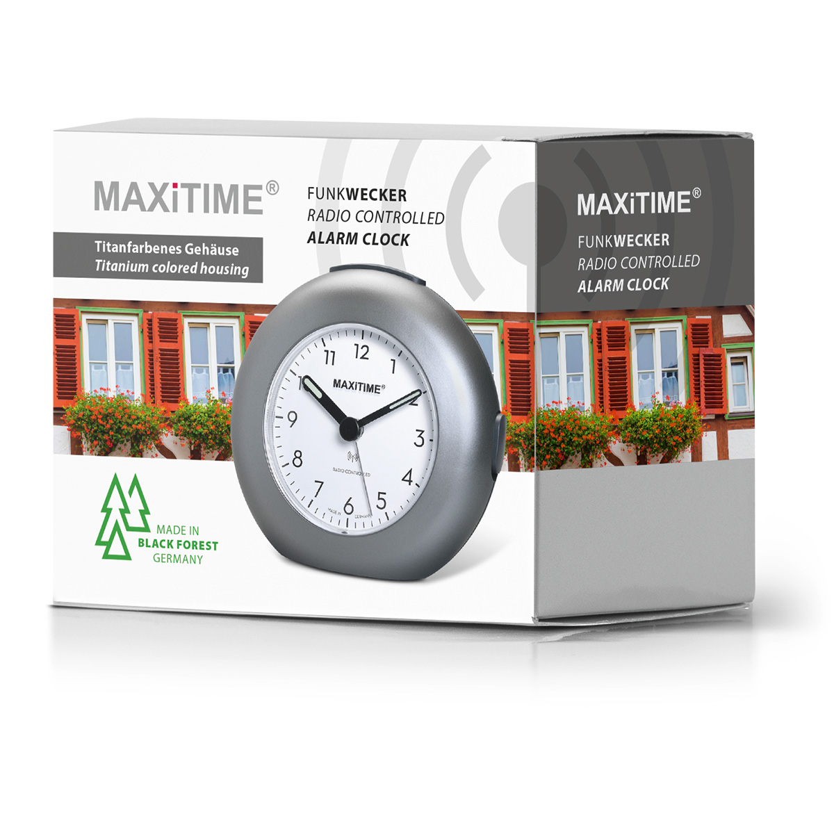 Maxitime radio controlled alarm clock with snooze, crescendo alarm, light, 2 hands, round housing titan