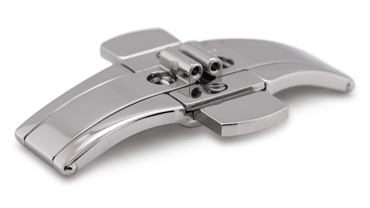 Butterfly clasp for metal bracelets, end-piece/width/length: 6 mm, 11,2 mm, 41,5 mm, 2 push buttons 23
mm, Silver color, Stainless steel
