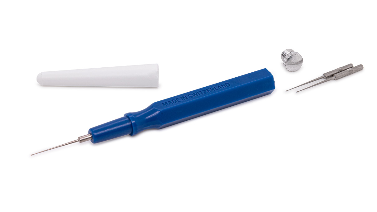 Ölgeber, blau, gewölbt, fein, 0,3 mm, mit 2 Ersatzspitzen