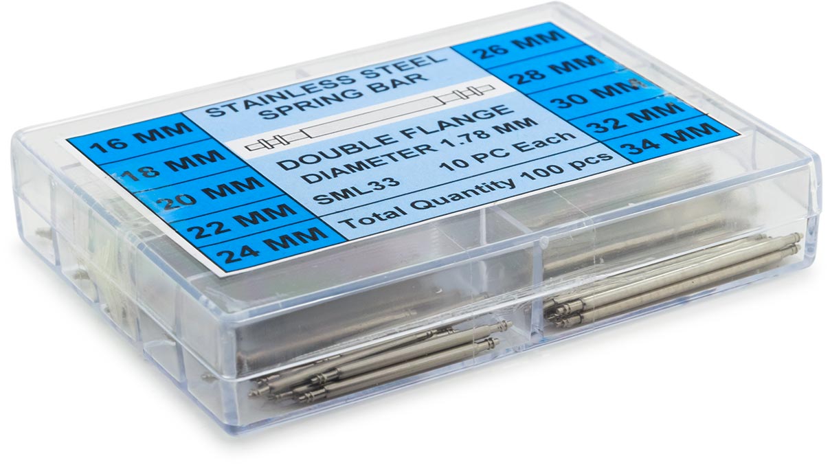 Assortment of 100 stainless steel spring bars with double flange, Ø 1,78 mm, 10 x length 16 / 18 / 20 / 22 /
24 / 26 / 28 / 30 / 32 / 34 mm