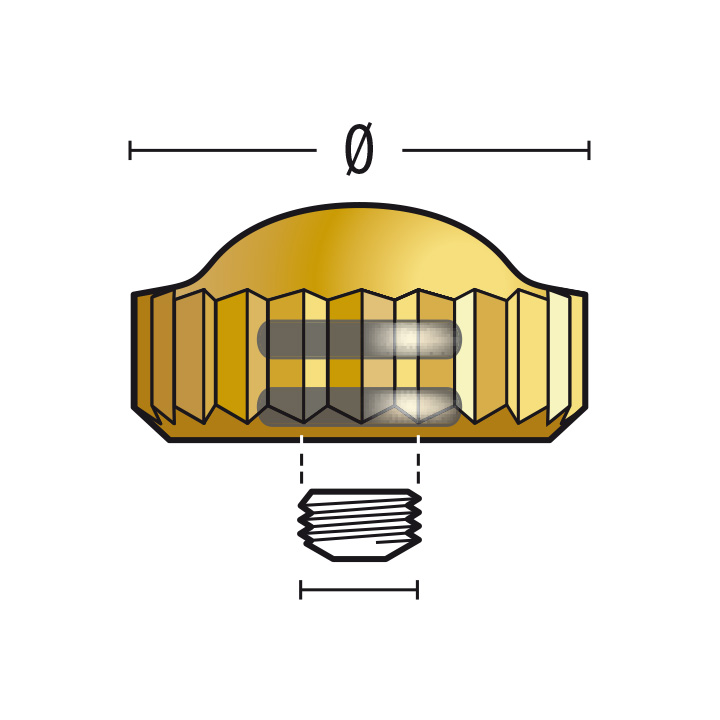 Crown for Diving Watches 919 DOD, 3 micron yellow, height 3,0, Ø 4,0, Tube 2,0, thread 0,90, waterproof, Double 0-Ring joint