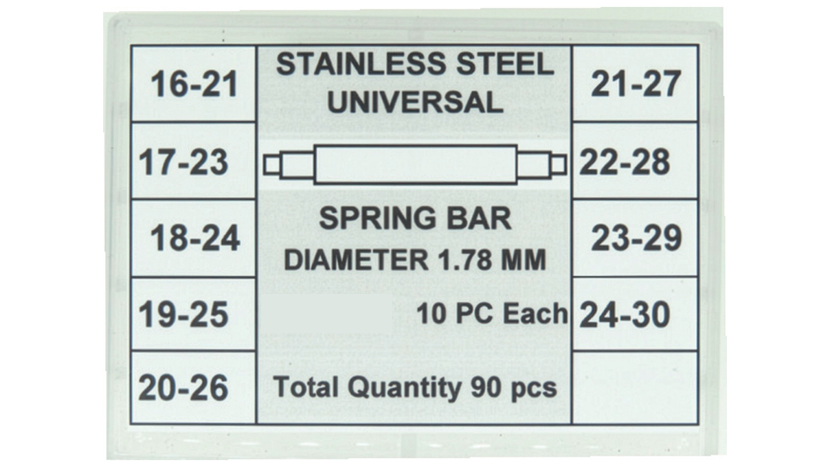 Assortment of 90 spring bars, universal, stainless steel, white, Ø 1,78 mm, 10 x length 16-21 / 17-23 / 18-24
/ 19-25 / 20-26 / 21-27 / 22-28 / 23-29 / 24-30 mm