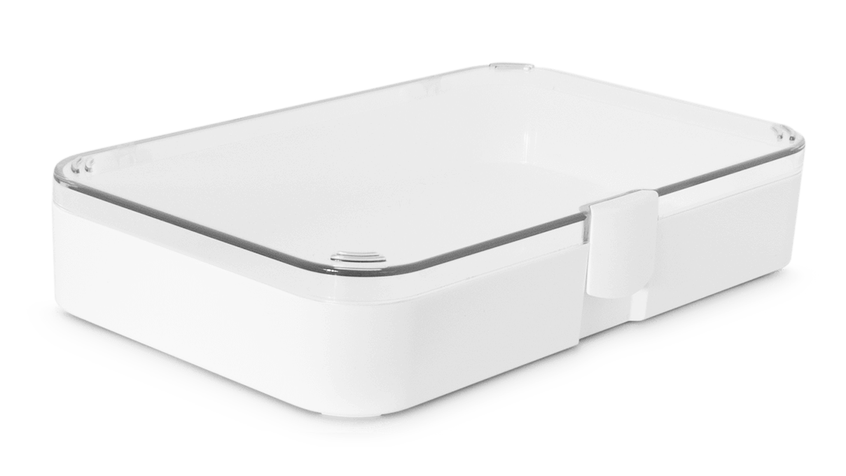 Storage box without inserts, white plastic, transparent lid, 35 x 190 x 110 mm