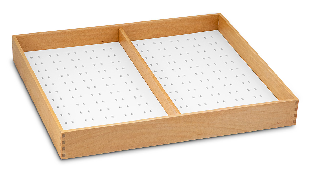 Presentation tray for rings, perforated, wood with imitation leather, ecru