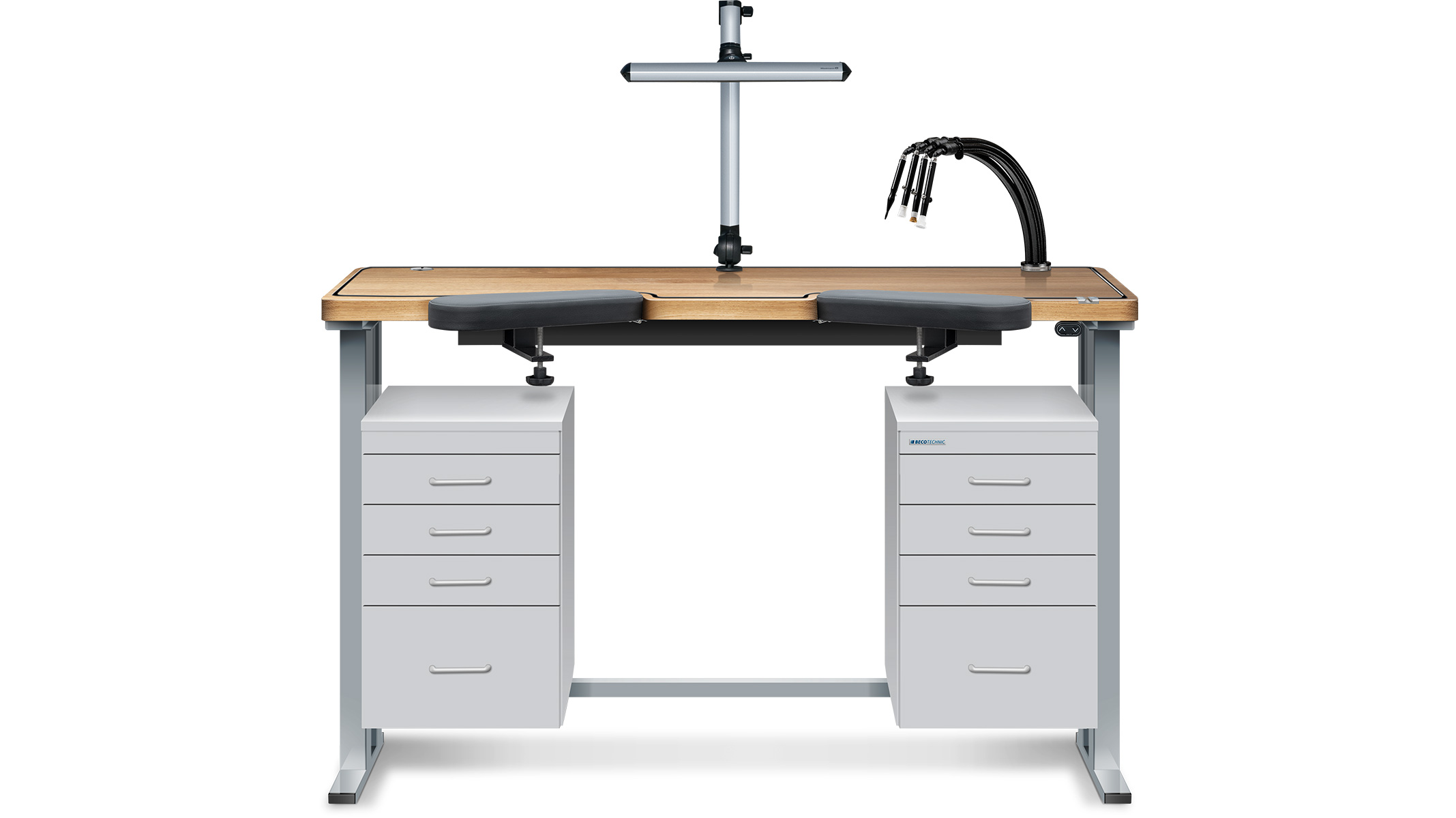 Workbench Ergolift Evolution, bench top oak, 140 x 60 x 4 cm, drawers silk gray