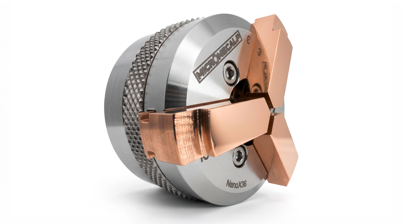 Micromecalp Lapino with Nano X36, lapping carriage with micrometric adjustment, M14, incl. three standard collet chucks (Ø 40 mm
diameter, individually adjustable), Nano X36 with variable brass jaws