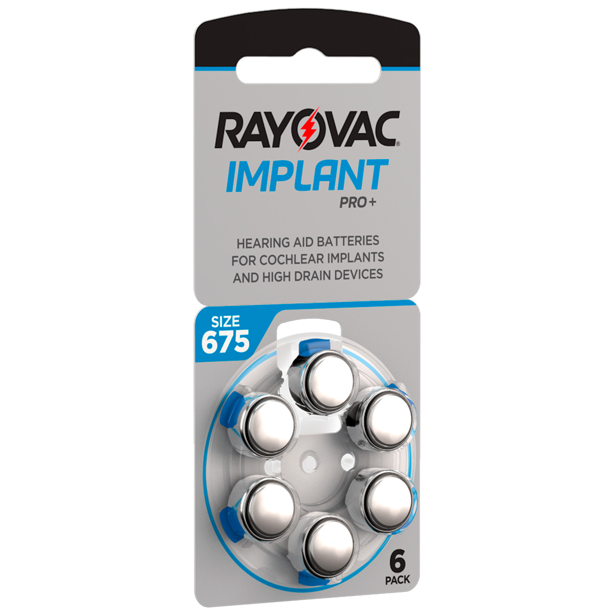 Rayovac Implant Pro+, 6 hoortoestelbatterijen nr. 675 voor cochleaire implantaten, blisterverpakking