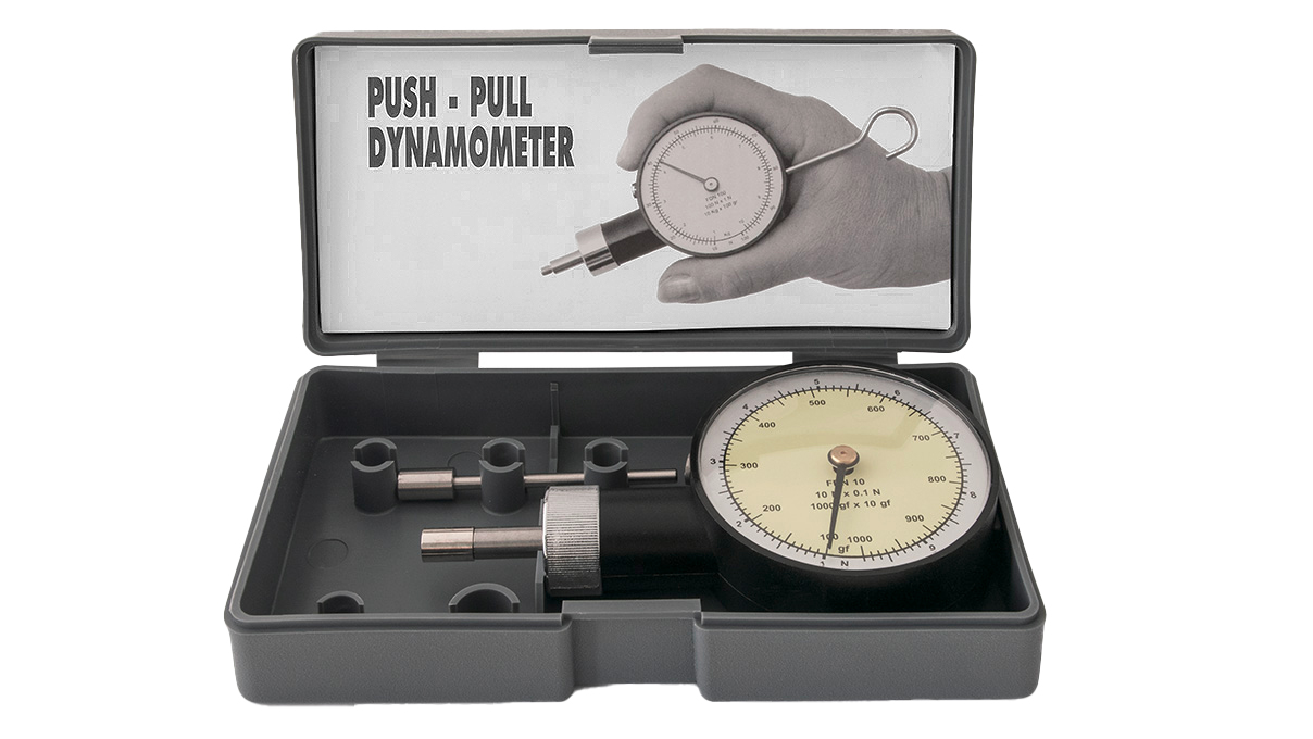 Dynamometer FDN 10, 10 N x 0,1 N, analog display, including traction hook and 2 end fittings