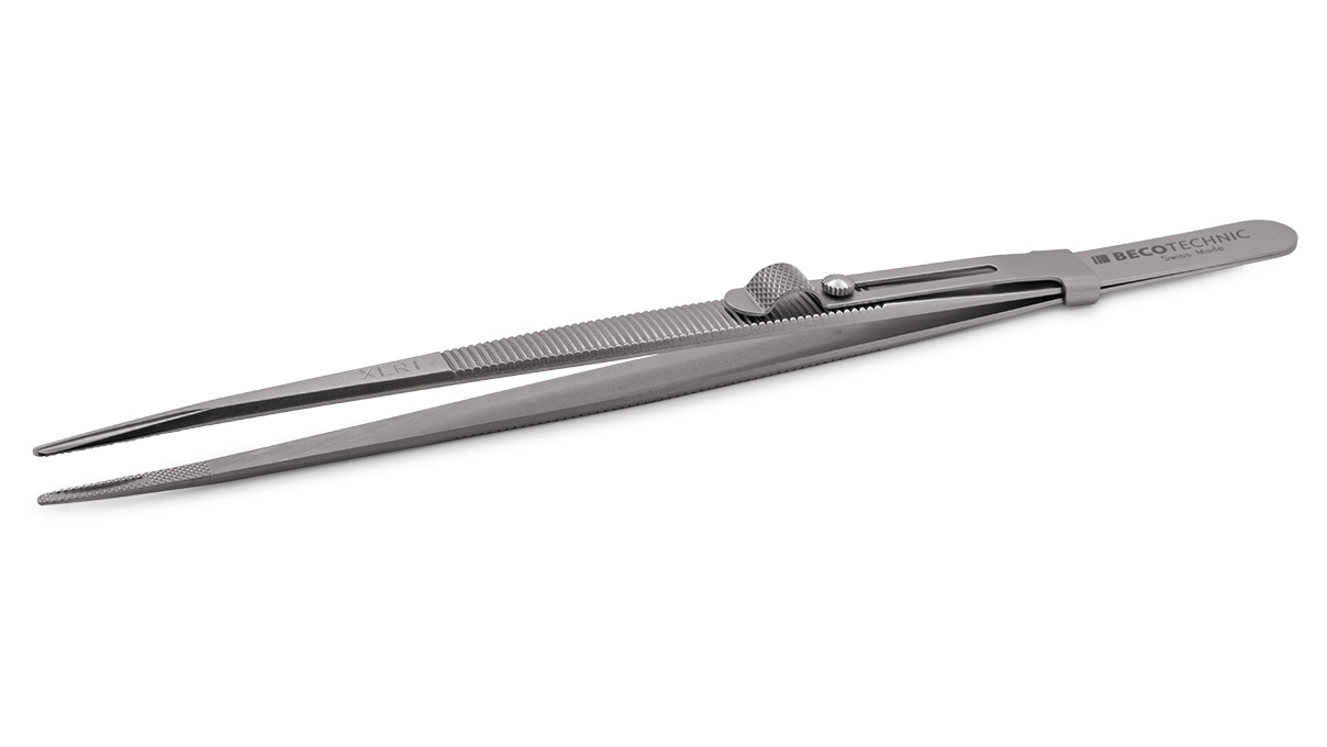 Tweezers form XLR1, with lock, broad tips with grooves and cut, length 160 mm