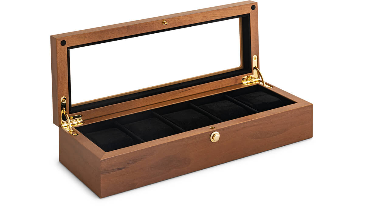 Watch collector box for 5 watches, walnut, matt, with window