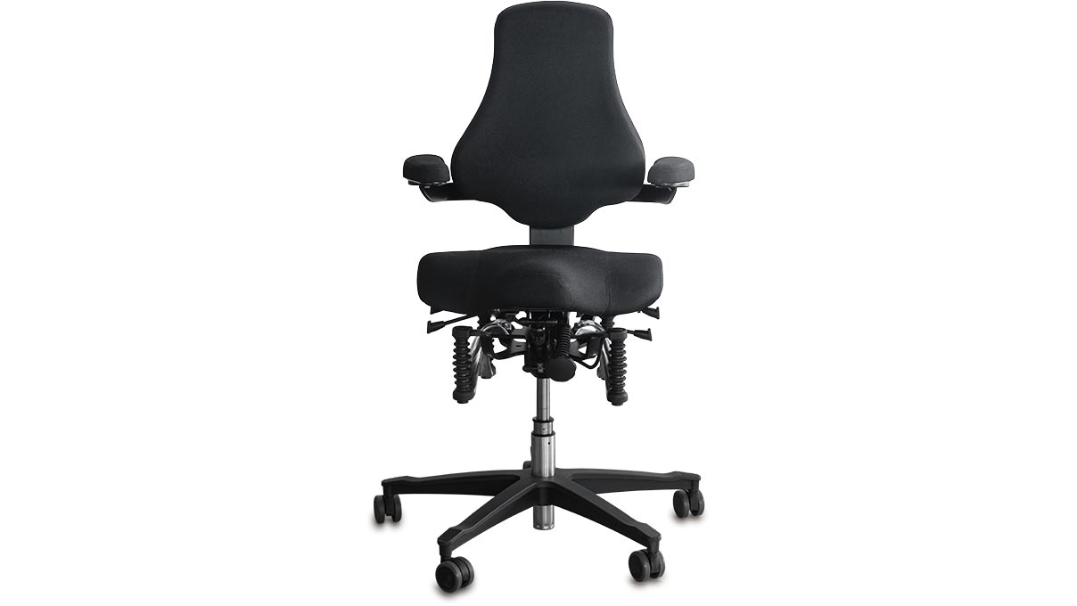 Bioswing OneUP Arbeitsstuhl mit Sattelsitz, Höhe 42 - 52 cm, 180° Armlehnen, weichen Rollen