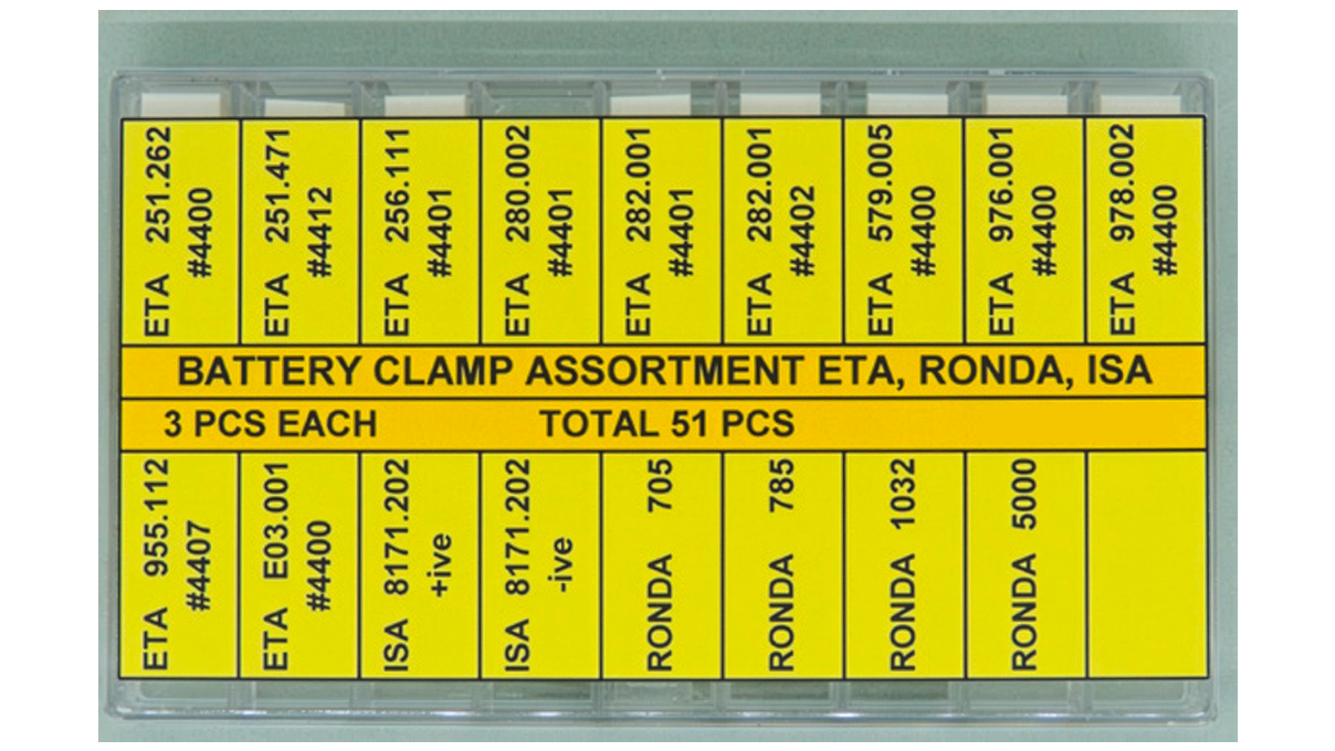 Battery clamps for ETA, Ronda and ISA, 3 pieces per type, ETA: 251.262, 251.471, 256.111, 280.002, 282.001 (4401, 4402), 579.105,
976.001, 978.002, 955.112, 956.112, 980.003, E03.001 | ISA: 8171.202 (+ive & -ive) | RONDA: 705, 785, 1032, 51 pieces