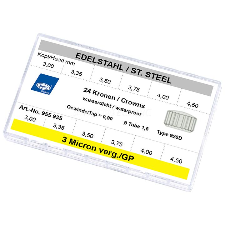 Assortment 24 crowns 920 D, WP, st. steel and 3 µm YG, Ø 3 - 4,5 mm, tap 0,9 mm, tube 1,6 mm, short