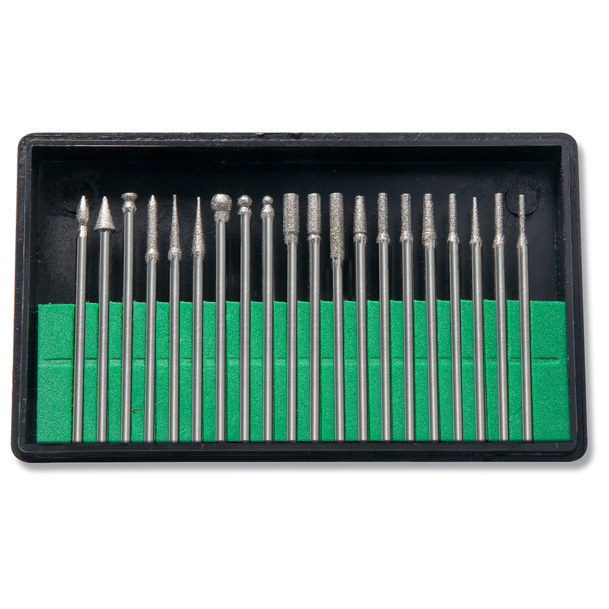 Diamond burrs assortment of 20 pieces, various head shapes, shaft Ø 2,35 mm