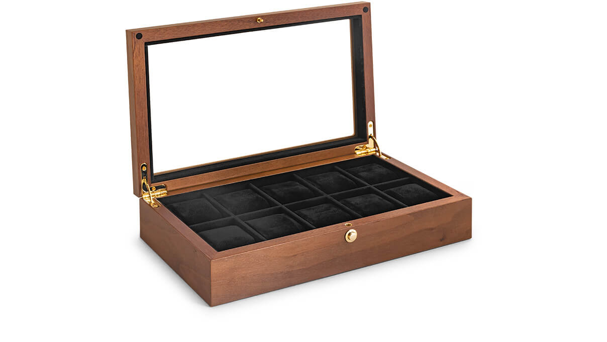 Watch collector box for 10 watches, walnut, matt, with window