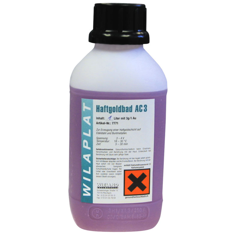 Adhesive gold bath Wilaplat AC3, strongly acidic, with 3 g Au/l (ready for use 1 litre)
