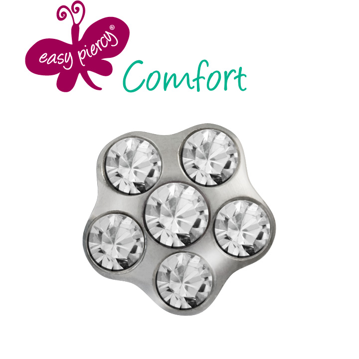 1 Pair Easy Piercy Comfort ear studs Flower  5,0 mm, white, Diamond/Diamond  imitation