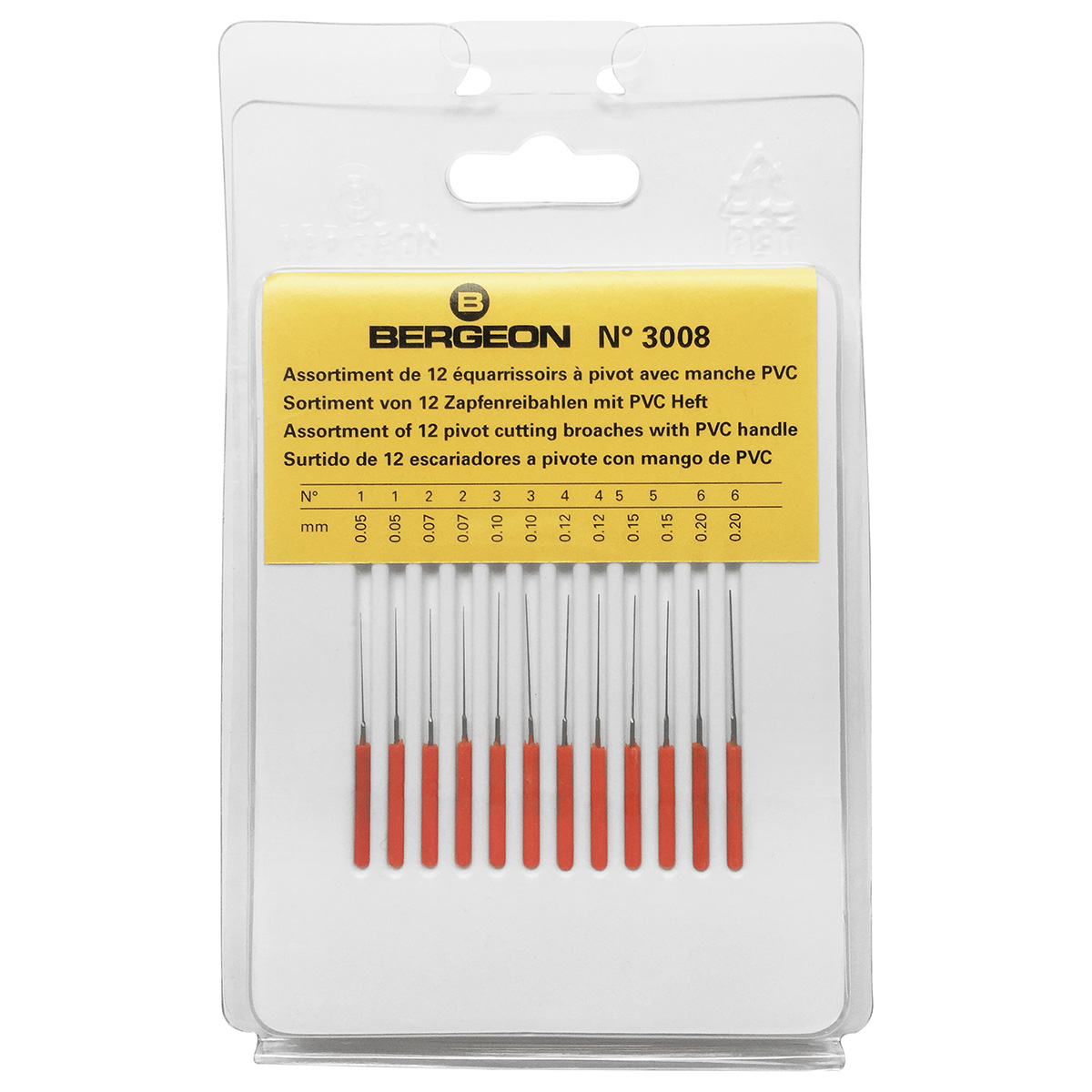 Bergeon 3008 Zapfenreibahlen Sortiment, 12 Stück, Ø 0,05 – 0,20 mm, 2 Stück pro Ø