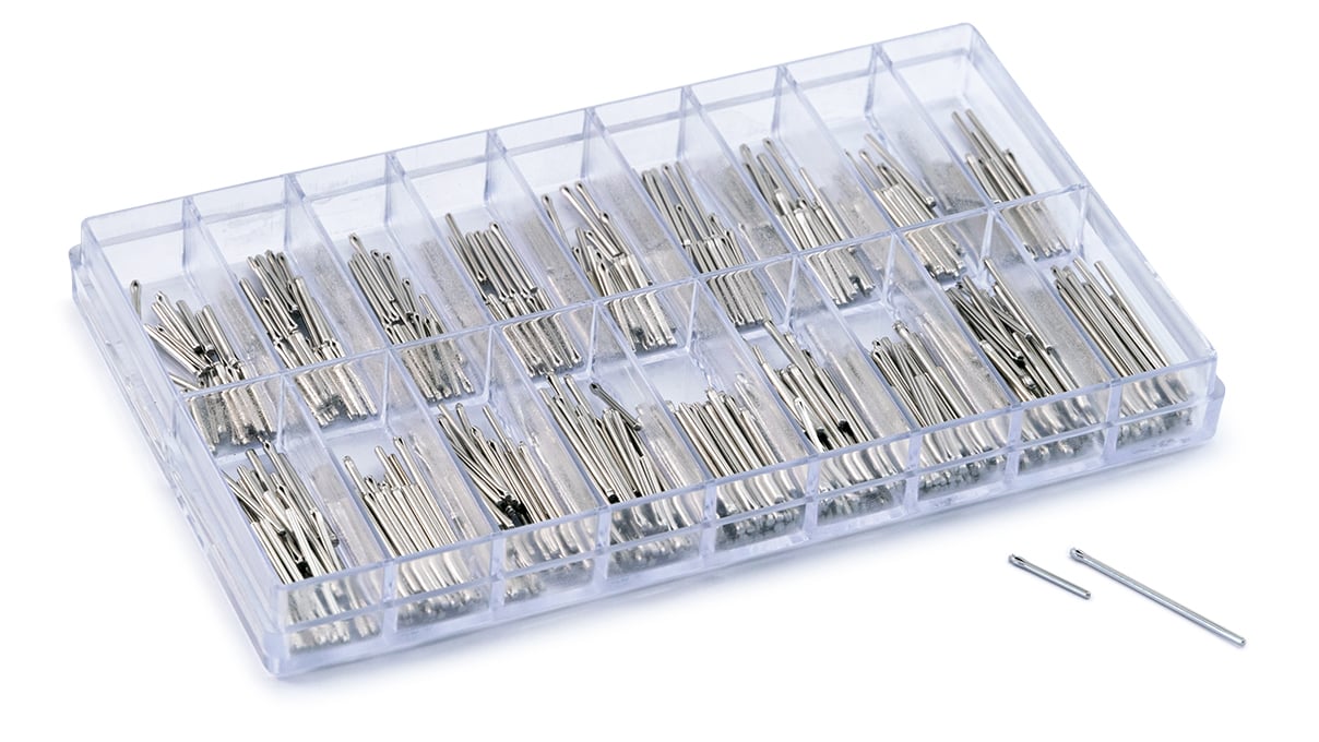 Assortiment Open End Pins, roestvrij staal, Ø 0,9 - 1 mm, lengte 10 - 22 mm, 540 stuks