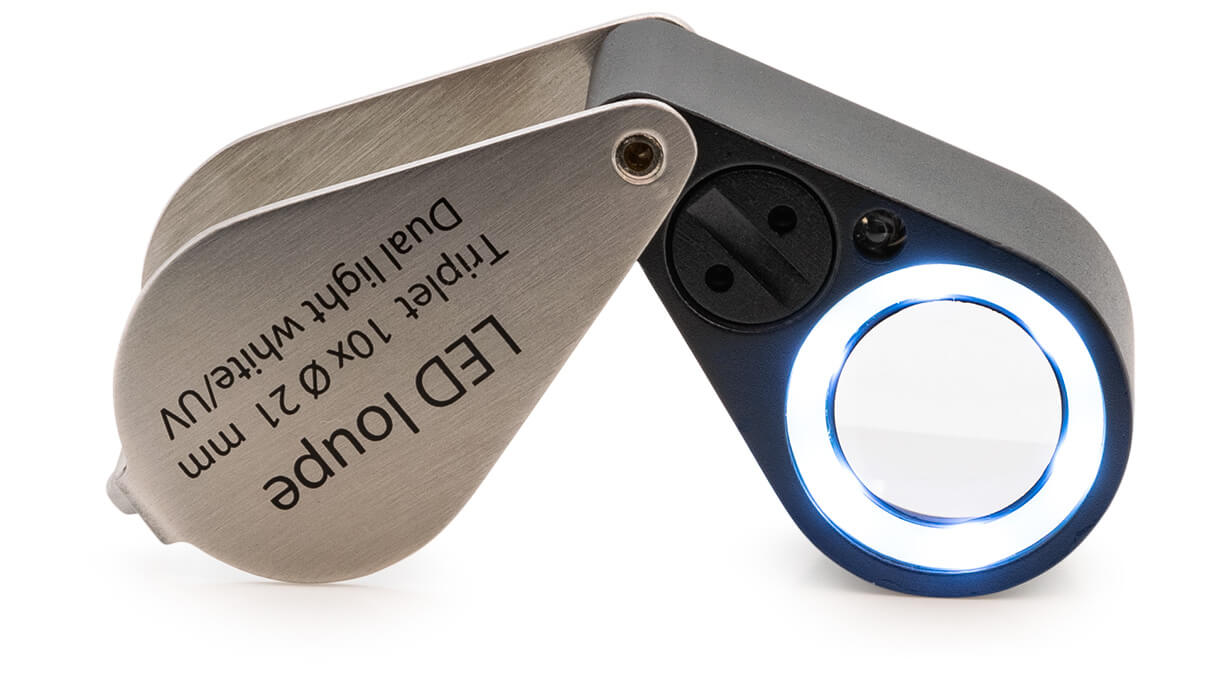 Triplet diamond loupe, 10x magnification, lens Ø 21 mm, with LED and UV light